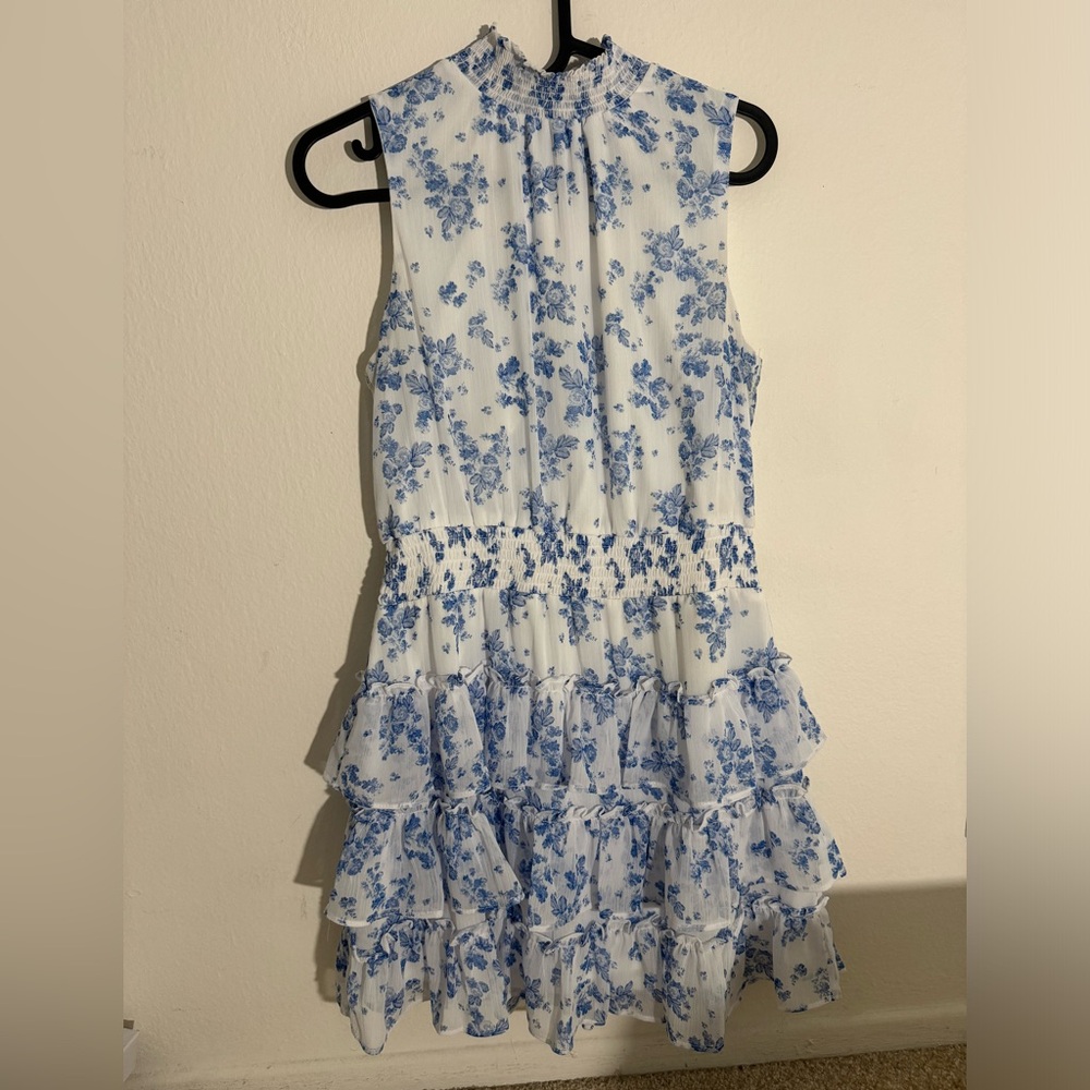 Sleeveless 1. STATE Dress Women’s size small blue tiered ruffle floral high neck